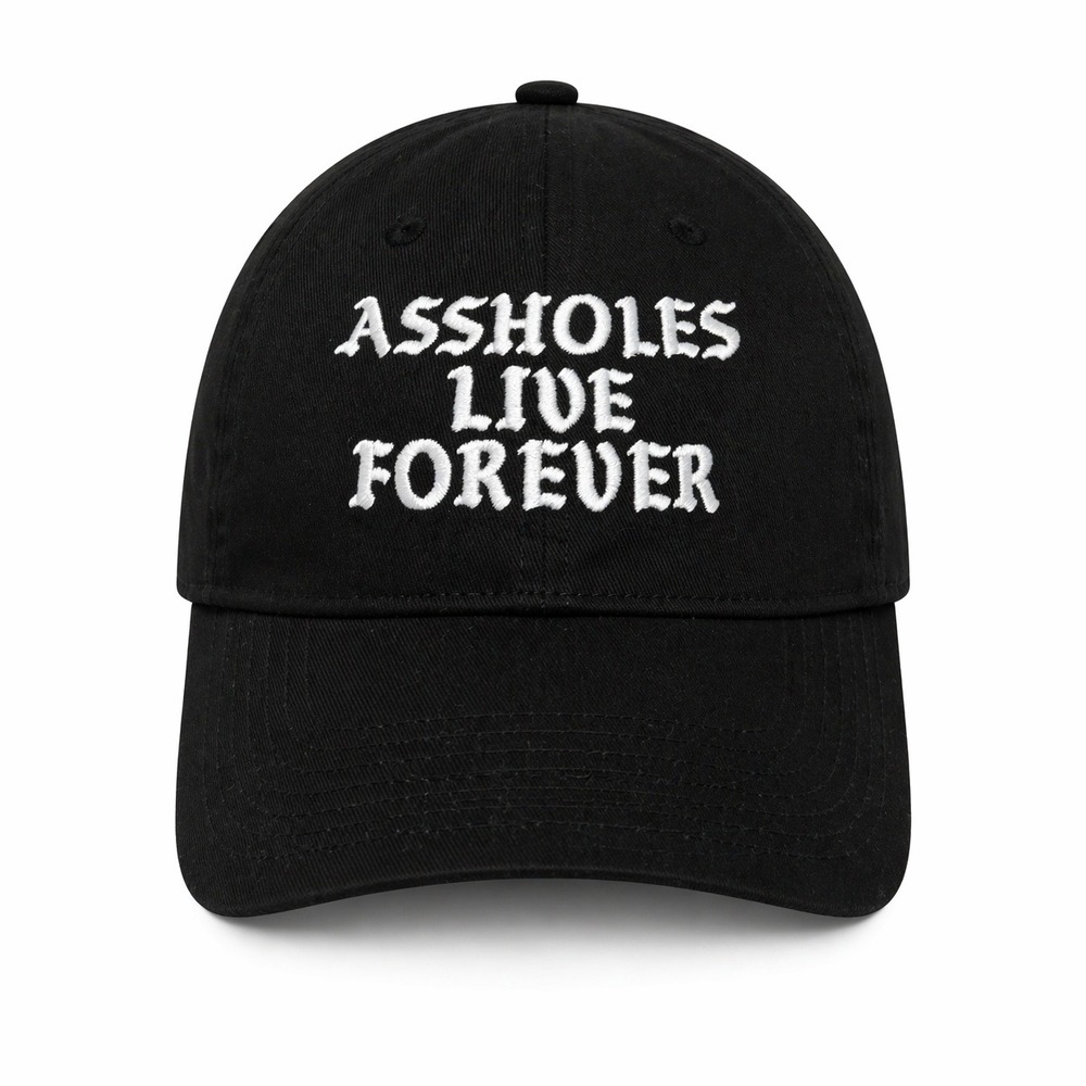 LINDA FINEGOLD Hat Black A**HOLES LIVE FOREVER Spellout Strapback Dad Cap